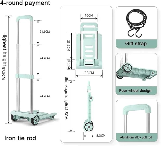 Portable Lightweight Hand Truck for Luggage Adjustable Utility Cart 4Wheel Stair Climber Foldable Shopping Trolley for Outdoor Use Express Cart for Suitcases and Storage