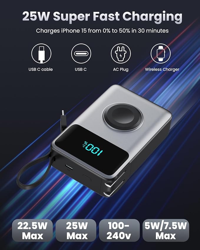 4-in-1 Portable Charger With Built-in Wall Plug&USB-C Cables,10800mAh Power Bank with iWatch Charger,QC4.0+PD 25W Fast Charging Battery Pack,Travel Essentials for iPhone 17/16,Apple Watch,Android etc