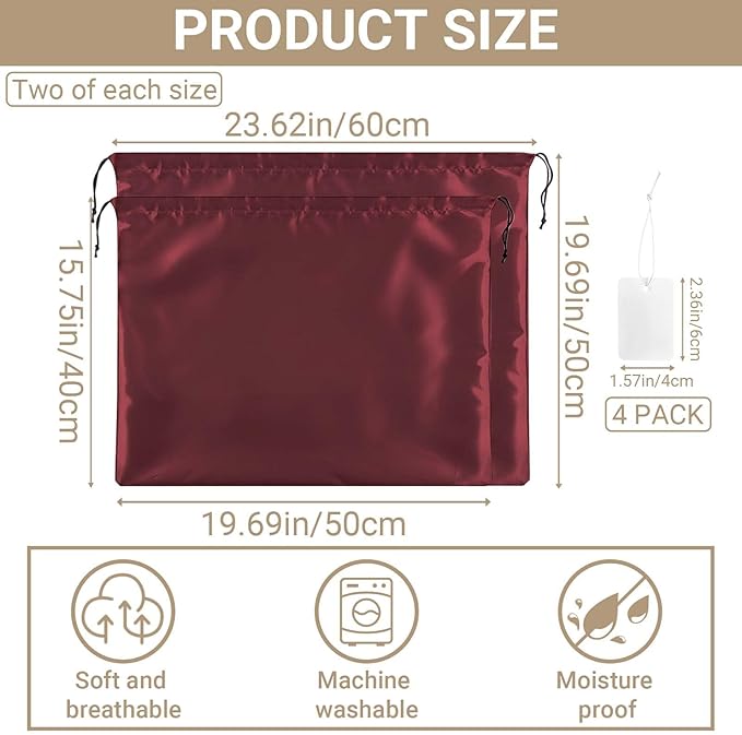 Q&J Fabric Co. 4 Pack Satin Dust Bag 15.7x19.7 inch + 19.7x23.6 inch Burgundy 100% Polyester Silk Bag Purse Dust Bag Shoe Bags for Closet Purse Protector Bag Dust Covers for Purses