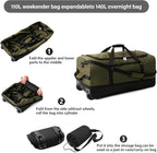 Rolling Duffle Bag with Wheels,110L/140L Expandable Soft-Sided Foldable Duffle Bag with 2 Rubber Wheels,Packable 32” Rolling Carry-On with Multi-Pockets & Compartments (Green)