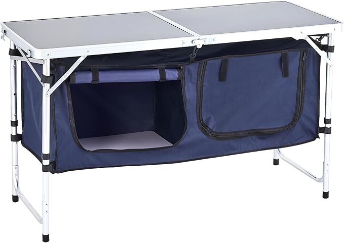VEVOR Camping Kitchen Table, Folding Outdoor Cooking Table, 3 Adjustable Height, Aluminum Lightweight Portable Cook Station with Storage Organizer, Carry Handle, for BBQ Party Picnic RV Travel, Blue