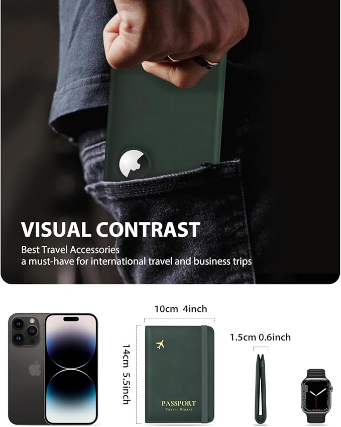 Stouchi Airtag Passport Holder – Track Your Passport, RFID Blocking Travel Wallet for Men, Slim All-in-One Organizer for Secure International Travel (Green)