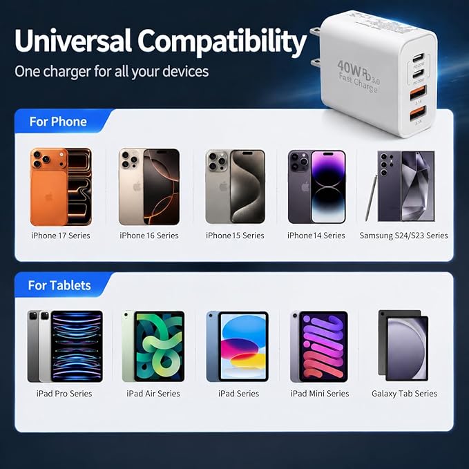 USB C Wall Fast Charger Block, 40W 4-Port Type C Charger Fast Charging Blocks PD Power Charger Adapter+QC 3.0 USB Multiport Charger Brick for iPhone 17/16/15/14/13/12 Pro Max, iPad, Galaxy S25-2Pack