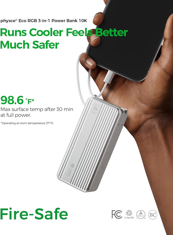 Eco RGB 3-in-1 Power Bank 10K, 9,600mAh 30W Portable Charger, Built-in USB-C Cable and Foldable Plug, Fast Charging Battery Pack, Travel Essential for iPhone 16/15, MacBook (Starlight Silver)
