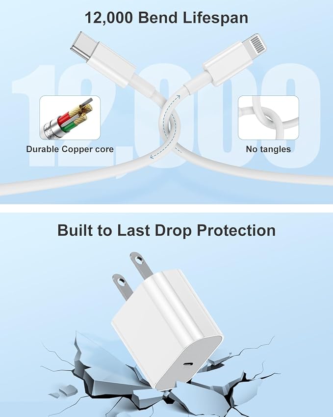 Susnwere 2Pack iPhone Charger Fast Charging,20W Fast PD USB C Wall Charger Adapter with 10Ft USB C to Lightning Cable Compatible for iPhone 14/14 Plus/14 Pro/14 Pro Max/13/ White