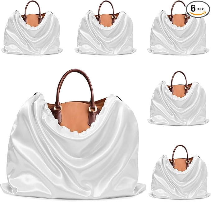 Ersmak 6 Pack Dust Bags for Handbags - Ivory White Silk Dust Cover Bag for Purses Shoes - Satin Drawstring Dustproof Bags for Travel Storage - 23.6 x 19.7 In