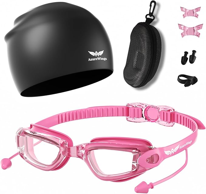 7 in 1 Swim Goggles + Swim Cap for Men Women,No Leak Anti-Fog & UV, Wide Visio HD Mirror PC Lens