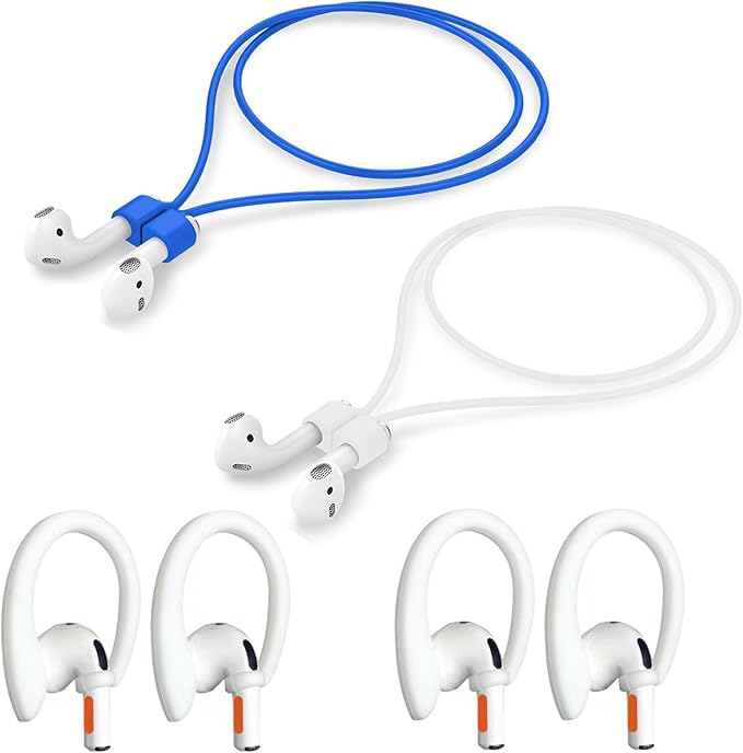 Magnetic Anti-Lost Straps Compatible with AirPods 1st to 4th Generation and AirPods Pro 1st to 4th Generation, with 2 Additional Pairs of Ear Hooks (White Blue)