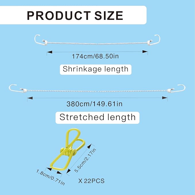 3.8M Travel Clothesline with 22 Clothes Clips, Retractable Portable Clothesline, Multifunctional Clips for for Camper Hotel Room Clothes, Books, Indoor and Outdoor, Colorful