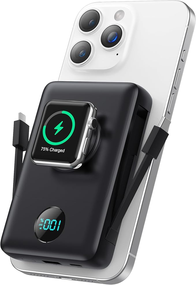 Magnetic Portable Charger for MagSafe with Built-in Cable, iWatch Charger,10800mAh Wireless Power Bank Travel Essentials,25W PD Fast Charging Battery Pack for iPhone 17/16/15/14/13 Series,Apple Watch