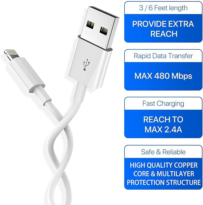 iPhone Charger Cable,Lightning to USB-A MFi Certified Cord 4PACK [3/3/6/6FT] Fast Charging Cord Compatible iPhone iPhone 12/12 PRO/Max/11/11PRO/XS/Max/XR/X/8/8Plus/7/6S/6/plus/iPad Air-White
