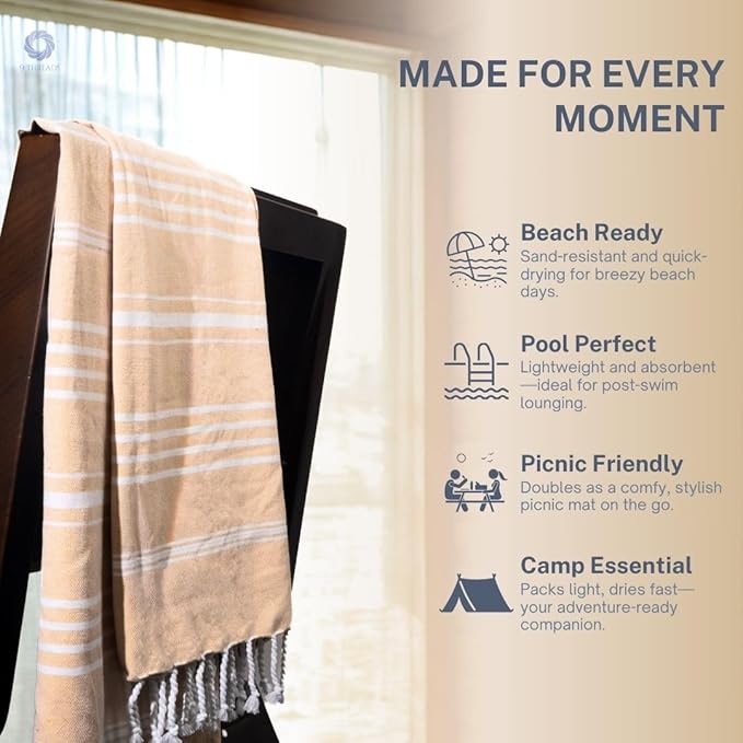 Cotton Turkish Beach Towel with Towels Oversized 36"x72" Pool Absorbent Extra Large Quick Dry Sand Travel Towel (Desert Sand, 2 Pack)