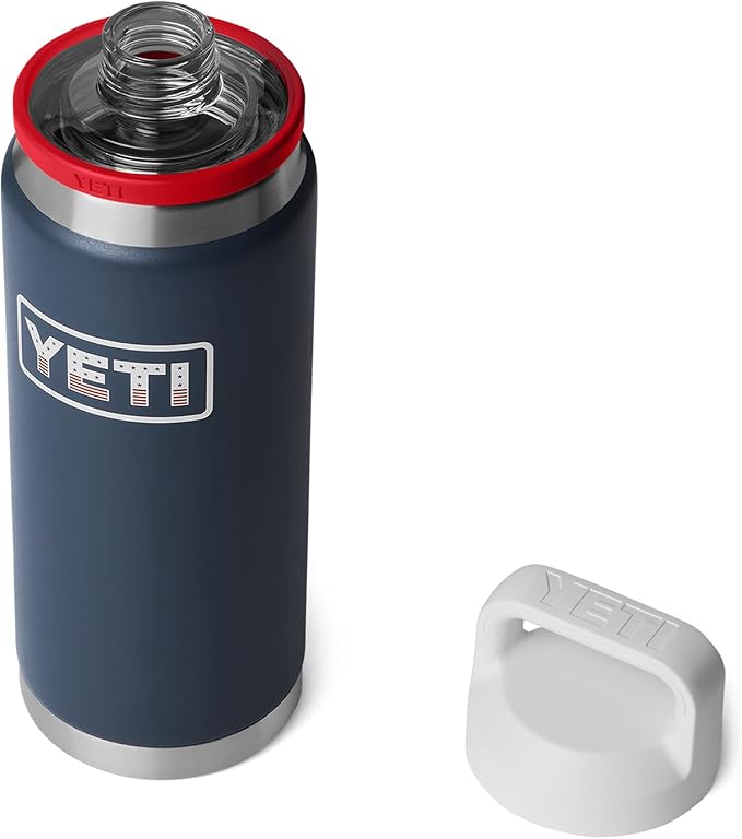 YETI Rambler 26 oz Bottle, Leakproof, Vacuum Insulated, Stainless Steel with Chug Cap, Navy/Rescue Red/White/Badge
