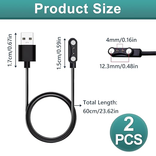 2 Pcs Universal Smart Watch Charger, 2-Pin 4 mm Magnetic USB Charging Cable, Universal Replacement Charging Cord for Smart Watch & Fitness Tracker, Strong Magnetic Adsorption, Fast Safe Charging