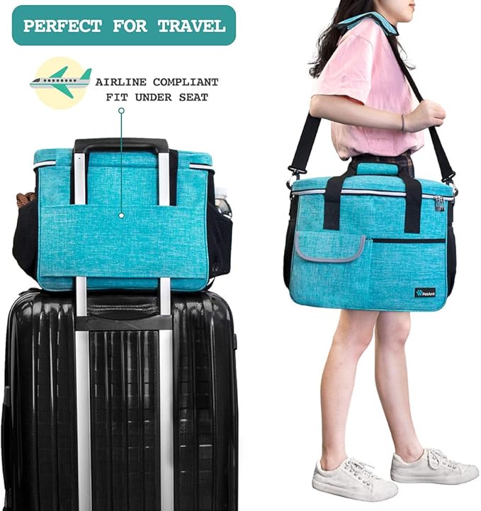 PetAmi Dog Travel Bag, Travel Pet Bag Organizer, Dog Food Travel Bag with Container Collapsible Bowls, Pet Travel Supplies Gift Accessories for Weekend Camping, Puppy Cat Diaper Bag, Teal Blue Medium