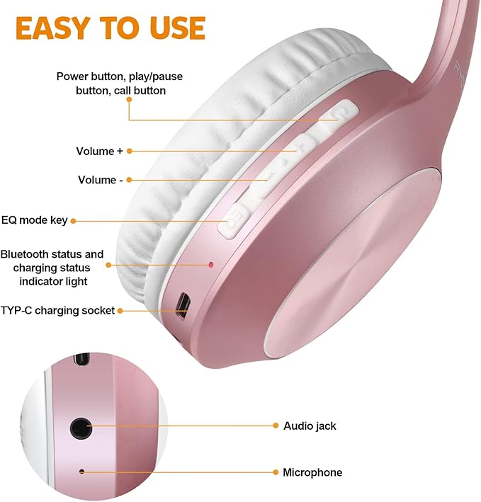Rydohi Wireless Bluetooth Headphones Over Ear 68H Playtime HiFi Stereo Headset with Microphone and 3EQ Modes Foldable Bluetooth V5.3 Headphones for Travel Smartphone Computer Laptop