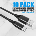10-Pack USB Type-C Cables [6.6ft | 3A Fast Charge | Braided] – USB-A to USB-C Charger Cord, Compatible with iPhone 15/16/17, Galaxy S25/S24/S23/Z Flip Note20, Pixel 8/7/6, iPad Mini, PS5 – Value Set
