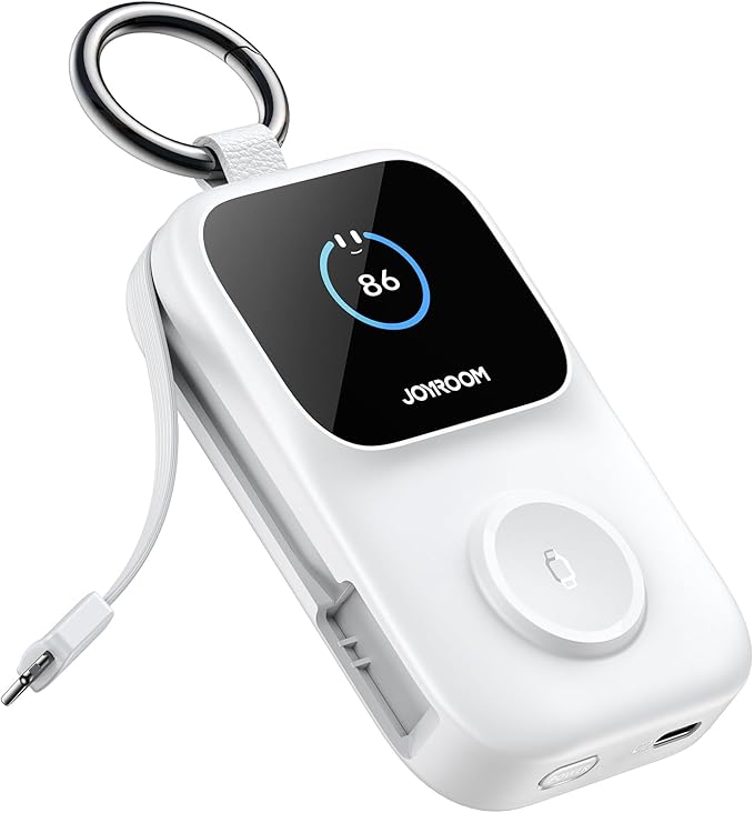 JOYROOM Portable Charger, Power Bank with Built-in Cables & LED Display, 5000mAh 20W PD Fast Charging & Fast Recharge, Travel Keychain Battery Pack for iPhone 17/16/15/14/13/12 & Apple Watch, White