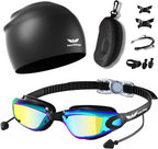 7 in 1 Swim Goggles + Swim Cap for Men Women,No Leak Anti-Fog & UV, Wide Visio HD Mirror PC Lens