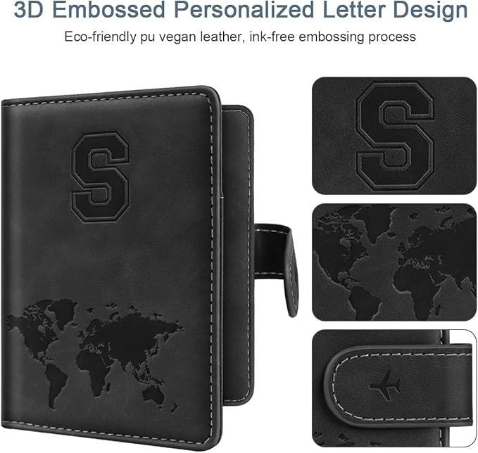 Passport Holder Wallet Cover Personalized Letter A-Z Travel Wallet RFID Blocking Passport Cover Wallet Case for Travel Passport Book Holders for Women and Men, Black-S