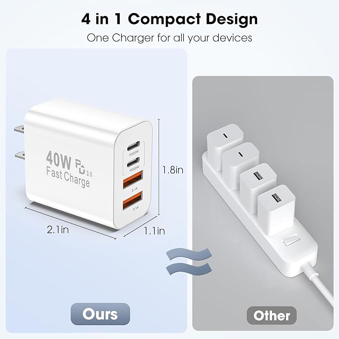 USB C Charger Block, 2 Pack 40W 4-Port iPhone Charger Fast Charging Multiport PD 3.0 & QC 4.0 Double Quick Charge, Compatible with iPhone 17/16/15/14/13/12/11，Pro Max，iPad, Samsung (2, Ivory White)
