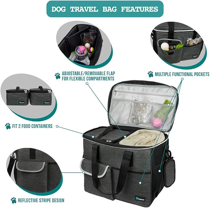 PetAmi Dog Travel Bag, Travel Pet Bag Organizer, Dog Food Travel Bag with Container Collapsible Bowls, Pet Travel Supplies Gift Accessories for Weekend Camping, Puppy Cat Diaper Bag, Charcoal Large