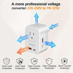 Voltage Converter US to Europe, 220V to 110V Converter for European Travel, Power Converter for Europe with 20W PD,2 Type-C Port 2 USB-A,Power Plug Combo for Italy Spain Greece - White