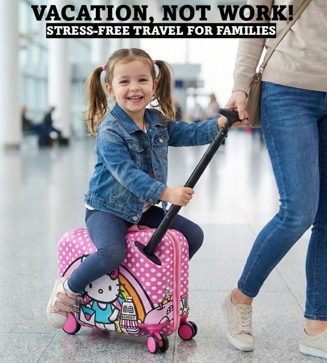 Fast Forward Hello Kitty 2-in-1 Kids 18" Suitcase & Ride-On Luggage - Lightweight Tow-Along Toddler Luggage with Wheels