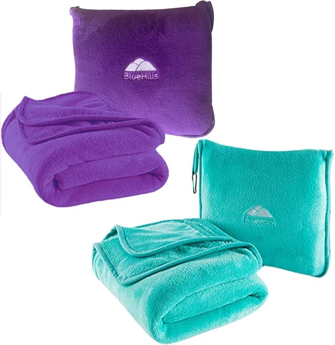 BlueHills Premium Soft Travel Blanket Pillow Value Pack Set of 2 - Airplane Flight Blanket Throw in Soft Bag with Luggage Belt Compact Pack Large Blanket for Travel Teal and Purple Colors