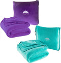 BlueHills Premium Soft Travel Blanket Pillow Value Pack Set of 2 - Airplane Flight Blanket Throw in Soft Bag with Luggage Belt Compact Pack Large Blanket for Travel Teal and Purple Colors