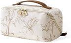 EACHY Travel Makeup Bag, Large Capacity Cosmetic Bags for Women, Waterproof Portable Pouch Open Flat Toiletry Bag Pattern Make up Bag (F-Beige)
