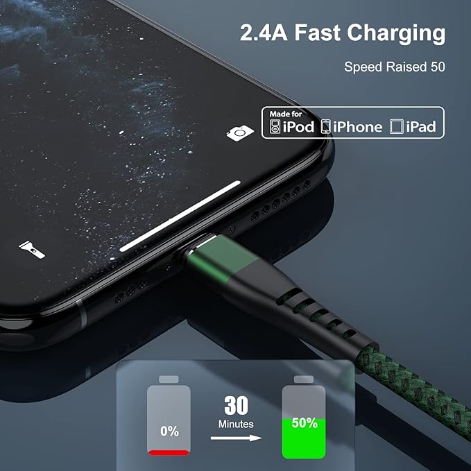 Essri 2Pack for iPhone Charger Cord 1FT, Lighting Cable 1 Feet to USB Charging Cable, Nylon Braided Charging Cord 1 Foot Compatible with iPhone 14 13 12 11 X XS XR 15 Pad-Green