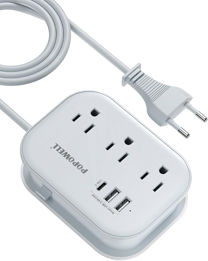 European Travel Plug Adapter USB C, Popowell International European Plug Adapter, 4 FT Travel Power Strip with 3 Outlets & 3 USB, Type C Power Adapter Travel Essential for Italy Spain France Germany.