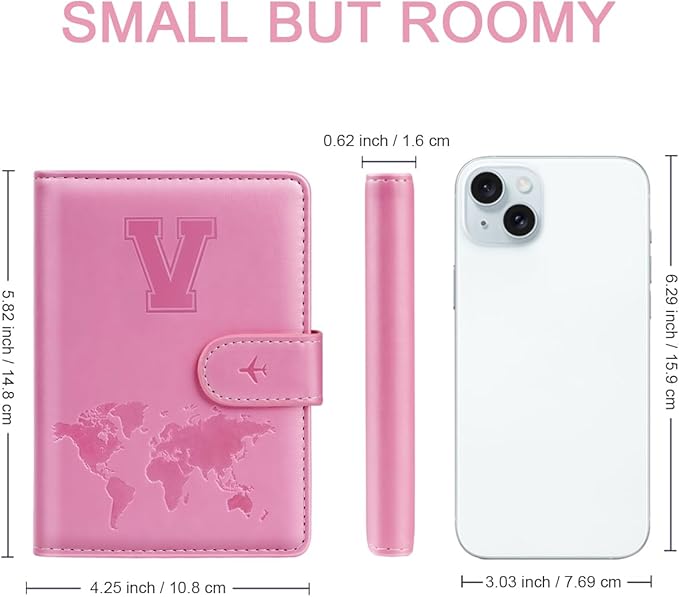 Passport Holder Cover Initail Letter A-Z Travel Wallet 3D Embossed Design RFID Blocking Card Holder Personalized Gift Passport Cover Wallet, Passport Book Holders for Women and Girls, Pink-V