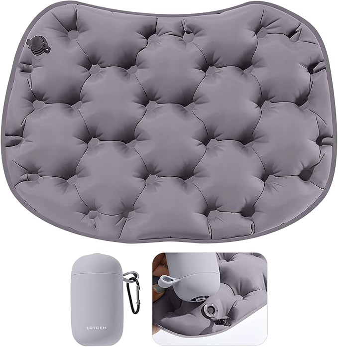 Inflatable Seat Cushion with Air Pump, Airplane Seat Cushion for Long Flights, Lightweight Stadium Seats Pad, Travel Portable Push-Press Air Seats Cushions for Hiking Office Car(Gray)
