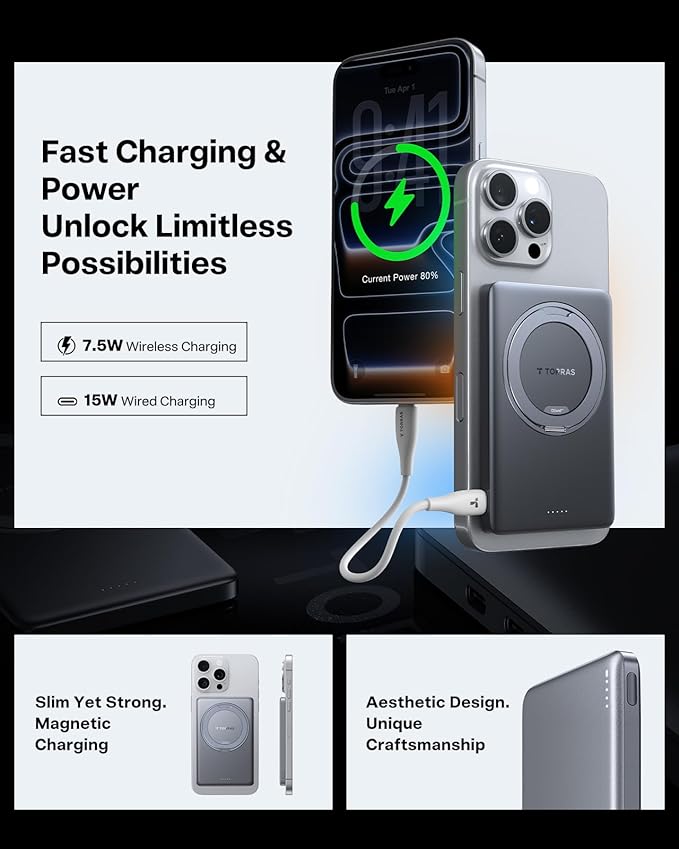TORRAS Ostand MiniMag Power Bank, 5,000mAh Ultra Slim Wireless Portable Charger with Stand, Fast Charging for iPhone Magnetic Battery Pack for iPhone 17/Pro/Pro Max/16/15/14, Gray