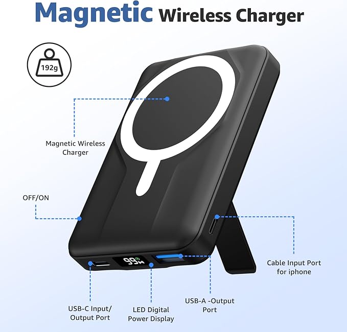Azmuth Magnetic Wireless Power Bank 10000mAh, 15W Portable Charger Compatible with MagSafe for iPhone 17/16/15/14/13/12 Series Built-in Stand LED Display 20W PD USB-C 22.5W USB-A Black