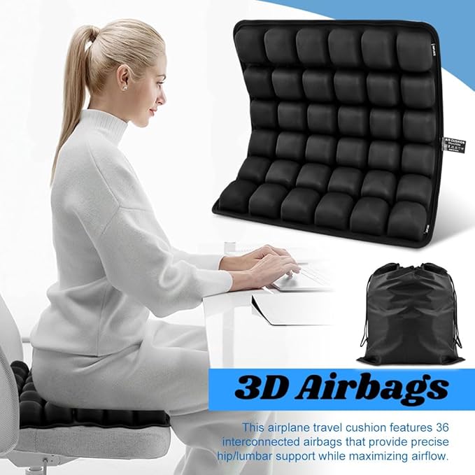 Airplane Seat Cushion, Portable Air Pad with Built-in Pump for Long Flights & Car Rides, Inflatable Seat Cushion for Office,Travel & Hard Dining Chairs, Ergonomic Comfort Support(COLOR:Black)