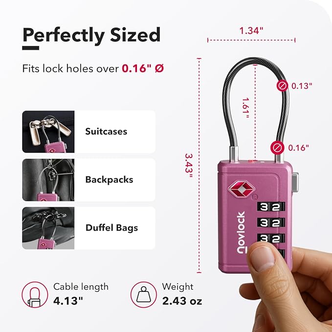 Luggage Locks TSA Approved with Inspection Indicator and Resettable 4-Digit, Easy-to-Read Combination, TSA Locks for Luggage, Suitcases, Backpacks & Travel Bags, Purple, 2-Pack