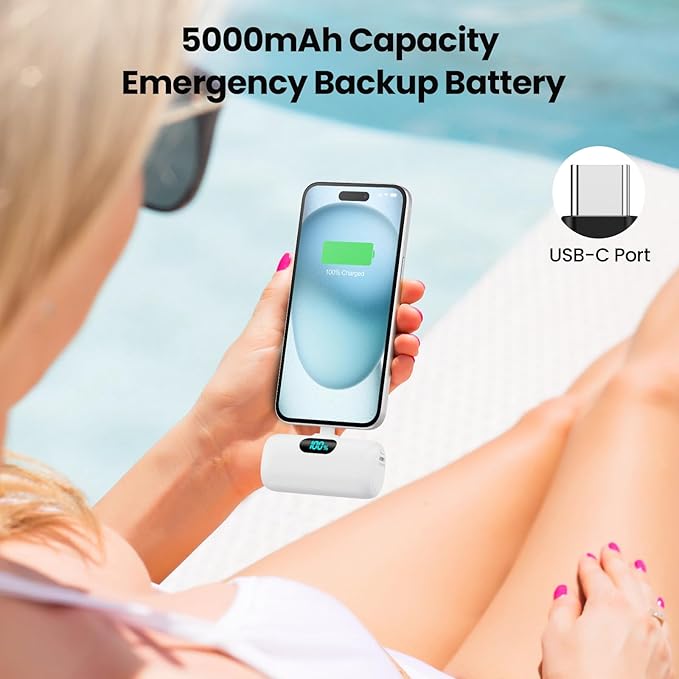 Mini Portable Charger USB C Power Bank,Upgraded 5000mAh PD Fast Charging Battery Pack Built-in USB-C Connector Travel Essential for iPhone17/17Pro/17Pro Max/Air/16 Plus/16Pro Max/15 Series,Android etc
