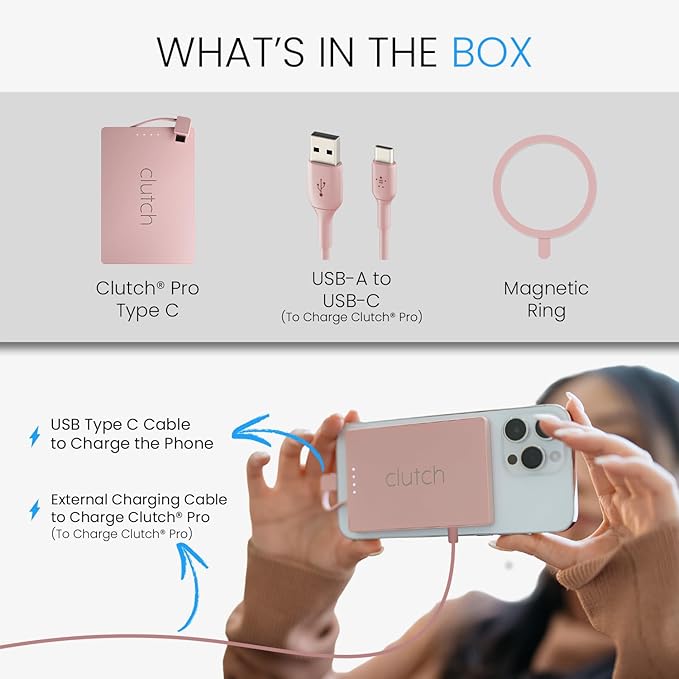 Clutch Pro – World's Thinnest Portable Charger – USB-C Power Bank 5000mAh – Magnetic Built-in Cable – TSA Approved Travel Charger – iPhone 15/16/17 & Android – Pink