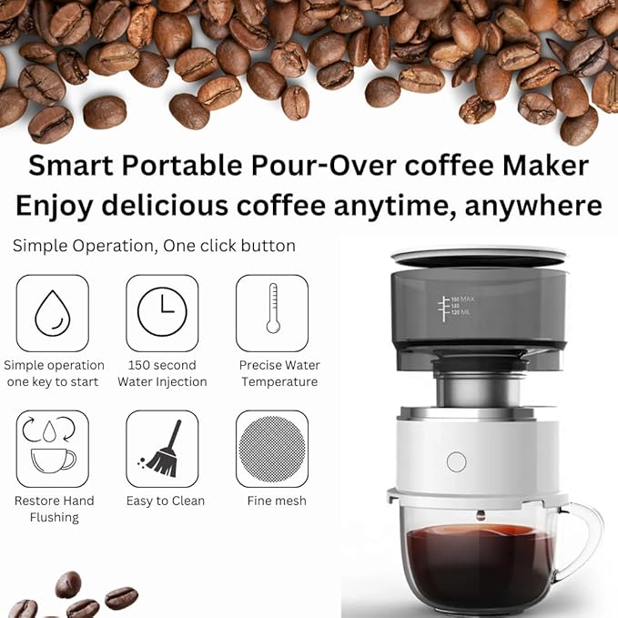 Generic BrewMatic-Smart Automatic Mini Portable Coffee Maker | Single Cup Pour Over Drip Coffee Machine with Filter for Travel, Home, Office, and Kitchen, Small