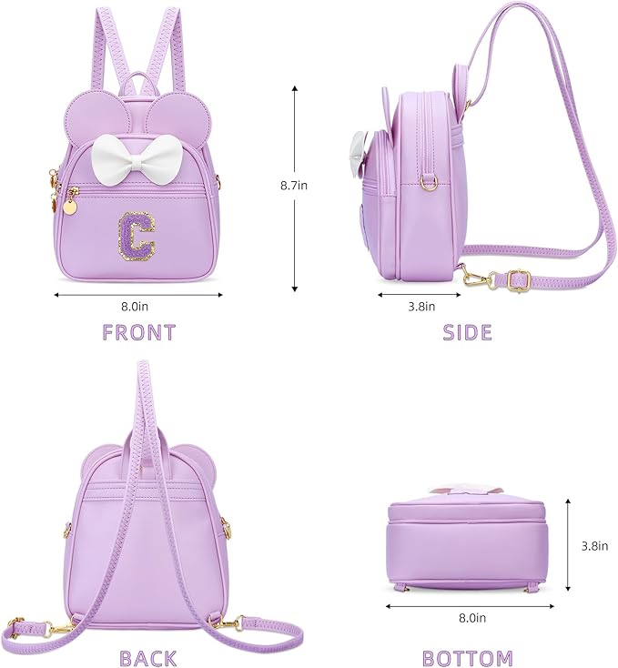 KKXIU Girls Initial Bowknot Cute Mini Backpack for Toddler, Travel Small Girl Backpacks, Personalized Birthday Gifts for Little Girls and Kids(C, Purple)