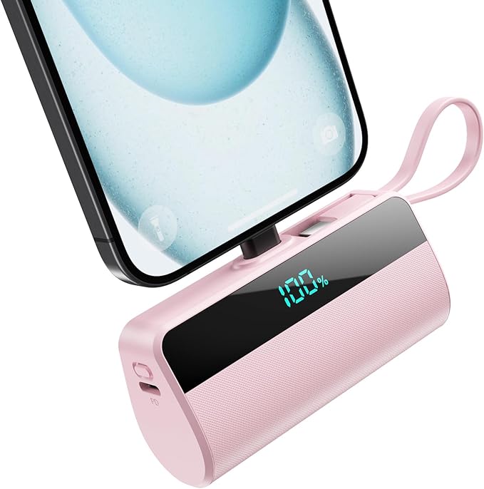 Small Portable Charger for iPhone with Built in USB C Cable, 5500mAh Mini Power Bank 20W PD Fast Charging, LCD Display Battery Pack for iPhone 17/16/15/14/13/12/11/X/8/6 Series Android Galaxy (Pink)