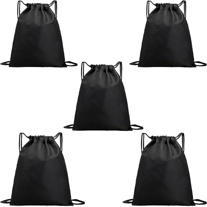 5-Pack Waterproof Drawstring Backpacks, Soccer-Texture Oxford Fabric, 16.9" × 13.8", Lightweight 0.20 lb Each, No Eyelets, Gym & Marathon Gear Sacks(Black)