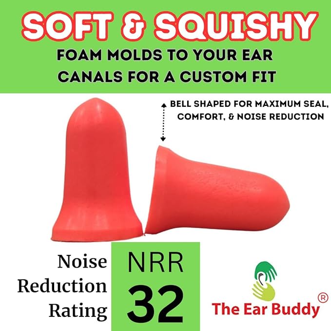 The Ear Buddy Premium Soft Foam Ear Plugs for Sleeping Noise Cancelling, Hearing Protection Earplugs for Shooting Range, Concerts, Work & Travel, Noise Reduction Rating 32 Decibels, 50 Pairs