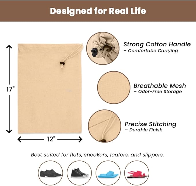 LFH Cotton Shoe Storage Bags with Drawstring, Dustproof Breathable Reusable Organizer, Perfect For Travel, Dorm, Hotel, College, Gym, Easy to Carry, Machine Washable 12"x17" (Pack of 6) - Natural