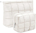 Huhumy 2 Pcs Puffy Makeup Bag Quilted Cosmetic Pouch for Women Cute Checkered Travel Toiletry Bag Puffer Makeup Organizer Purse Pouch Preppy Pencil Case with Zipper(White)