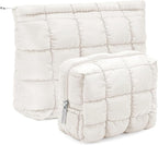Huhumy 2 Pcs Puffy Makeup Bag Quilted Cosmetic Pouch for Women Cute Checkered Travel Toiletry Bag Puffer Makeup Organizer Purse Pouch Preppy Pencil Case with Zipper(White)
