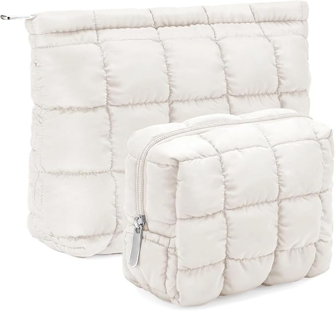 Huhumy 2 Pcs Puffy Makeup Bag Quilted Cosmetic Pouch for Women Cute Checkered Travel Toiletry Bag Puffer Makeup Organizer Purse Pouch Preppy Pencil Case with Zipper(White)